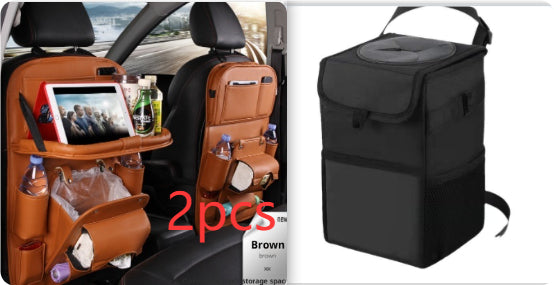 Car Seat Back Organizer with Foldable Tray, Built-in Trash Can Waterproof PU Leather Storage Bag for Kids & Adults, Multi-Pocket Auto Interior Caddy - Black