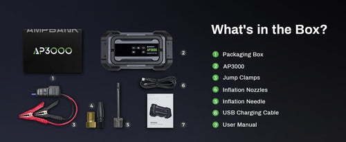 3000A Portable Car Jump Starter & High-Speed Tire Pump - 150PSI Tire Inflator, 12V Battery Booster & LED - Black