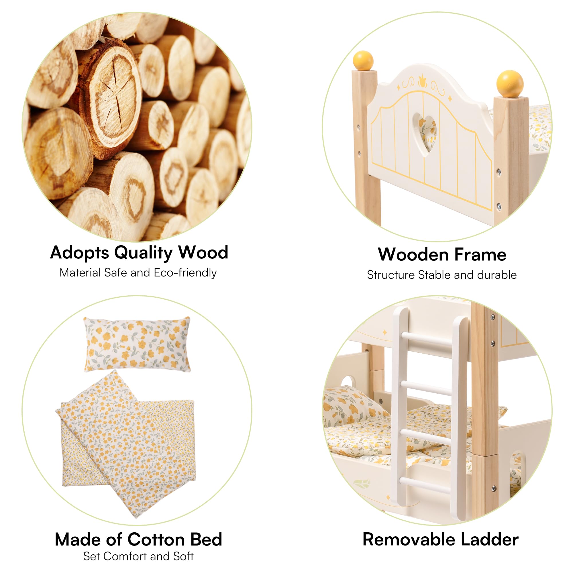 ROBOTIME Wooden Doll Bunk Bed with Ladder, Fits 18 Inch Dolls like American Girl, White Nursery Cradle Crib for Toddlers